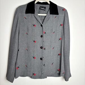 Vintage Embroidered Blouse Top Rose Velvet Accents size M